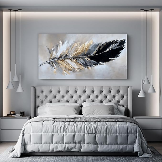 YISXINOAG Canvas Art Wall Decor Modern Abstract Wall Decor Canvas Wall Art for Bedroom Home Artwork Prints Modern Home Decorations Black and Gold Minimalist Feather Abstract Art Size 20"X40"