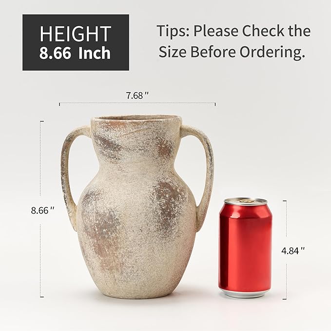 Antique Ceramic Rustic Vase with 2 Handles, Farmhouse Round Flower Vase, Vintage Terracotta Vases for Home Decor, Wedding, Living Room, Table, Shelf Decor - 8.6 Inch Tall, Terra