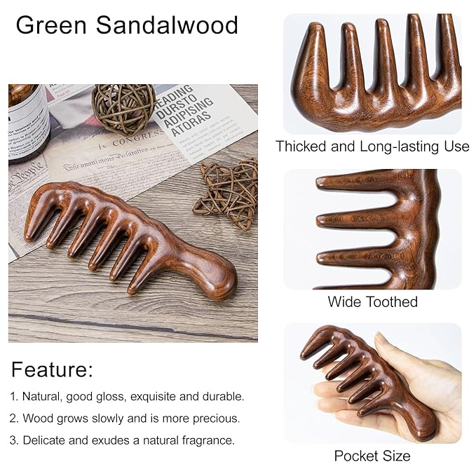 Wooden Wide Tooth Comb for Curls, 2 Pcs Thicken Natural Sandalwood Hair Combs for Women and Men, Detangles Long Thick Wet or Dry Hair, Head Scalp Massager, Anti-static (Golden, Long&Short)