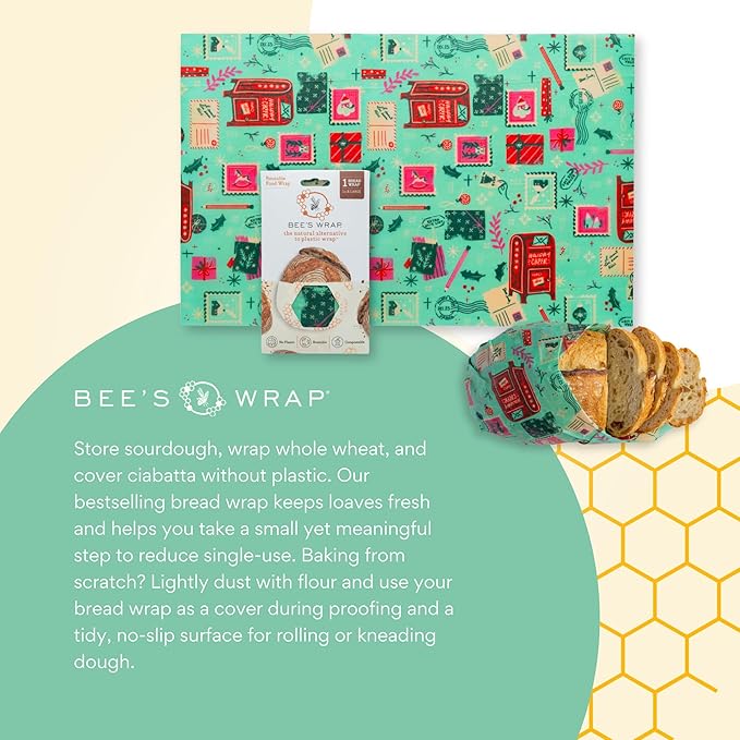 Bee's Wrap Beeswax Wraps for Food - Bread Wrap - Made in USA Reusable Bread Storage Bags - Organic & Eco-Friendly Alternative to Aluminum Foil, Sourdough Bags & Plastic Wrap, Seasons Greetings