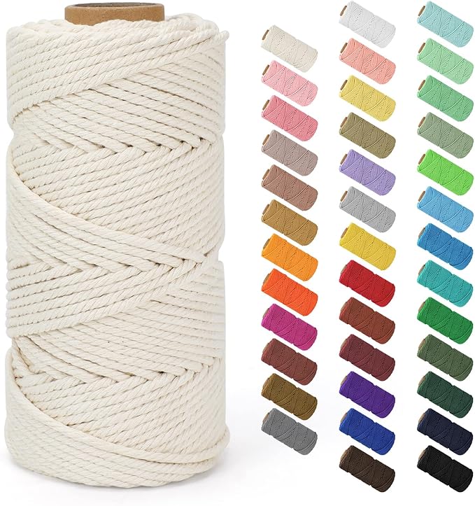 Macrame Cord 4mm x 109Yards (328Feet), Natural Cotton Macrame Rope - 4 Strands Twisted Macrame Cotton Cord for Wall Hanging, Plant Hangers, Crafts, Gift Wrapping and Wedding Decorations, Beige