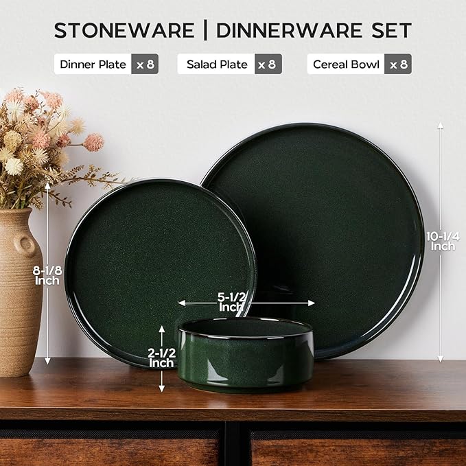Onader Stoneware Dinnerware Sets for 8, Reactive Glaze Plates and Bowls Sets, Ceramic Dish Dinner Set with Rustic Terracotta Bottom, 24 Piece Elegant Dishware - Emerald Green