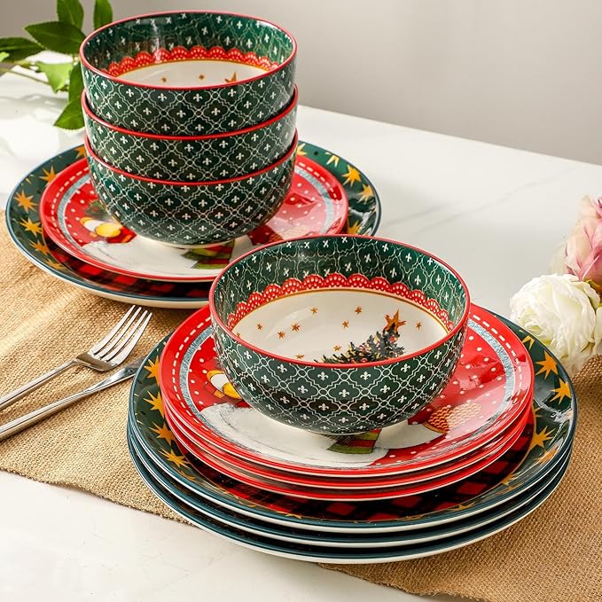 Stoneware Pasta and Bowls Set, Christmas Dinnerware sets,12 Piece for Dish set for Holiday Gatherings,Microwave and Dishwasher Safe