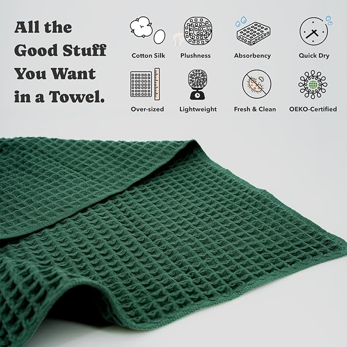 Luxury Japanese Cotton Waffle Bath Towel | Plush, Absorbent, and Quick Dry | Free Storage Bag Included (Forest Green, Bath Sheet Set (3-Piece))