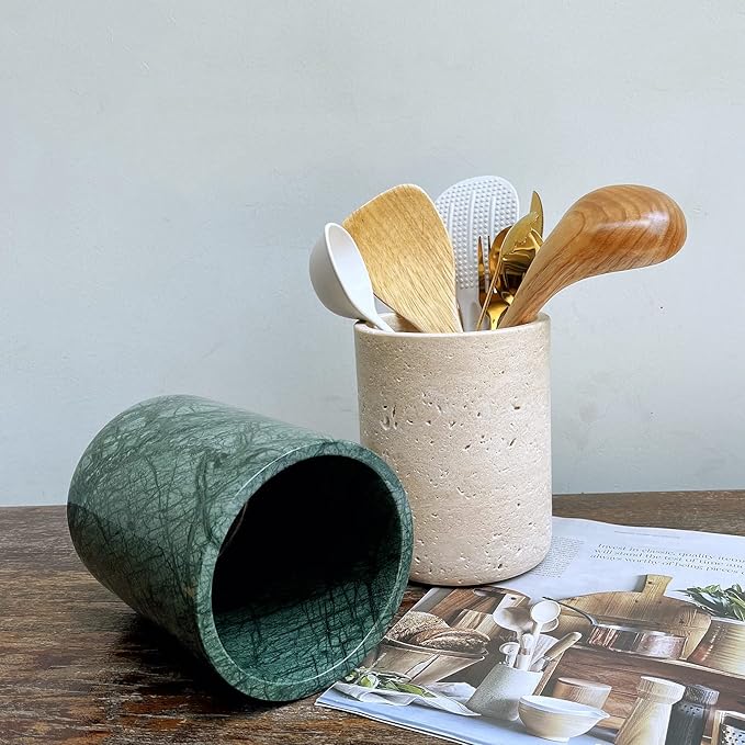 Handmand Natural Marble with Holes Stone Vintage Kitchen Utensil Holder - 5.1" D X 6.3" H Kitchen Counter Organizers and Storage Tool Crock (Beige Stone)