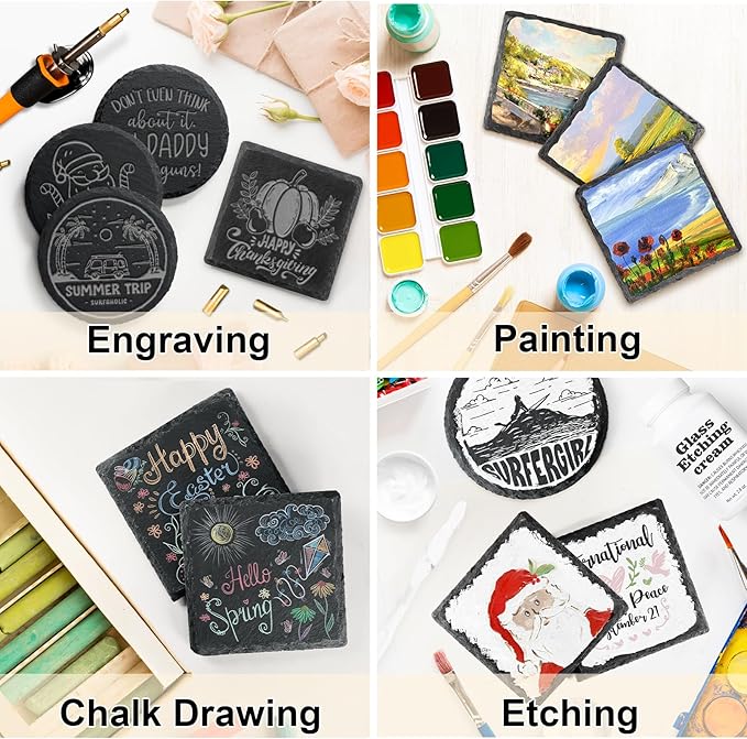 60 PCS Slate Coasters Bulk, MAPRIAL 4 Inch 30PCS Black Round, 30PCS Hexagon Stone Coasters for Laser Engraving, Handmade Drink Coaster Engravable Blanks Material for Engraver, Crafts, Gifts