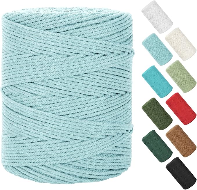 Macrame Cord 4mm x 380Yards (1140Feet), Natural Cotton Macrame Rope - 4 Strands Twisted Macrame Cotton Cord for Wall Hanging, Plant Hangers, Crafts, Gift Wrapping and Wedding Decorations, Light Blue