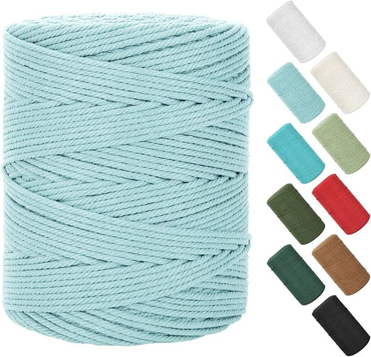 Macrame Cord 4mm x 380Yards (1140Feet), Natural Cotton Macrame Rope - 4 Strands Twisted Macrame Cotton Cord for Wall Hanging, Plant Hangers, Crafts, Gift Wrapping and Wedding Decorations, Light Blue