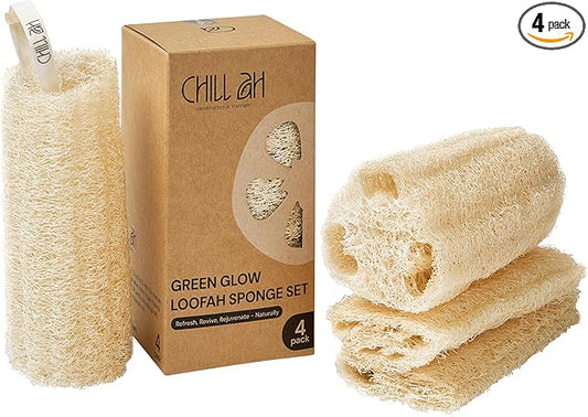Chill Ah Natural Loofah Sponge Set – 100% Plant-Based, Dye-Free, Biodegradable Bath Exfoliator for Glowing Skin – Handcrafted in Vietnam (4-Pack)