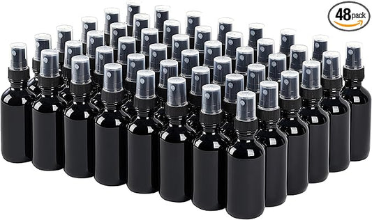 2 oz Glass Spray Bottles, Reusable Fine Mist Sprayer Small Spray Bottle, Leak-Proof Design, Perfect for Travel, Skin Care, Perfumes, Botanical, Cleansing (Black, 2oz-48pcs)