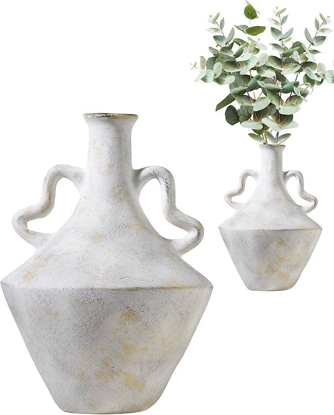 UPWOIGH Ceramic Flower Vase, 14 inch Tall Off-White Farmhouse Rustic Vase, Handcrafted Weathered Handles Pottery Vases, Large Flower Terracotta Vases for Home Decor, Living Room, Table, Shelf