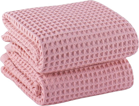 PÜSKÜL Premium Waffle Bath Towels Set of 2 - Organic 100% Turkish Cotton Bath Towel - Quick Dry, Absorbent, Light, Thin, 32x63 Large Waffle Towels for Bathroom (Pink Powder Bath Towels - Pack of 2)