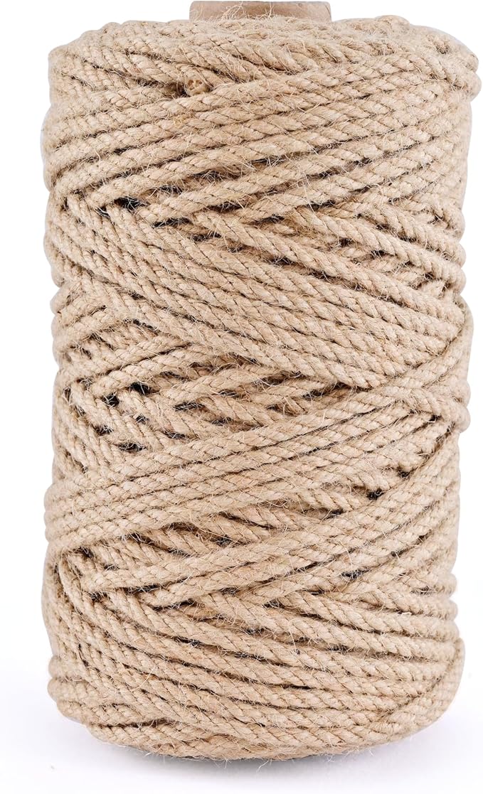 Natural Jute Twine 328ft 4mm,3Ply Twisted Thick Twine Rope Strong Jute String Roll for Crafts Gift Wrapping Gardening Home Decor Bundling Cat Scratching Post