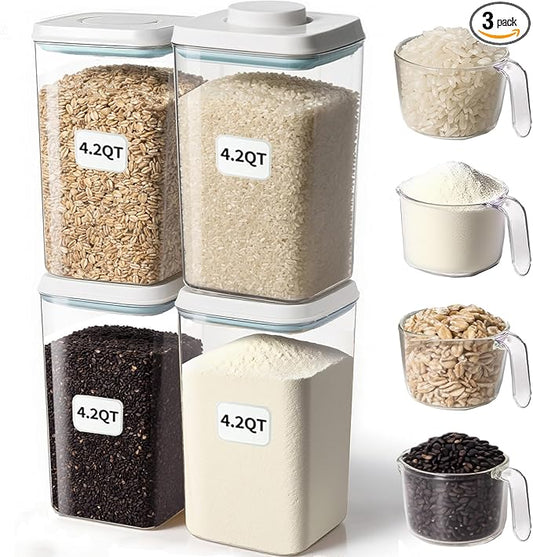 Airtight Food Storage Container with Pop Lid & 130ml Scoop, 4L/4.2qt *4 BPA-Free Cereal, Rice, Flour, Pasta & Snack Container, Stackable & Durable,Kitchen Pantry Organizer