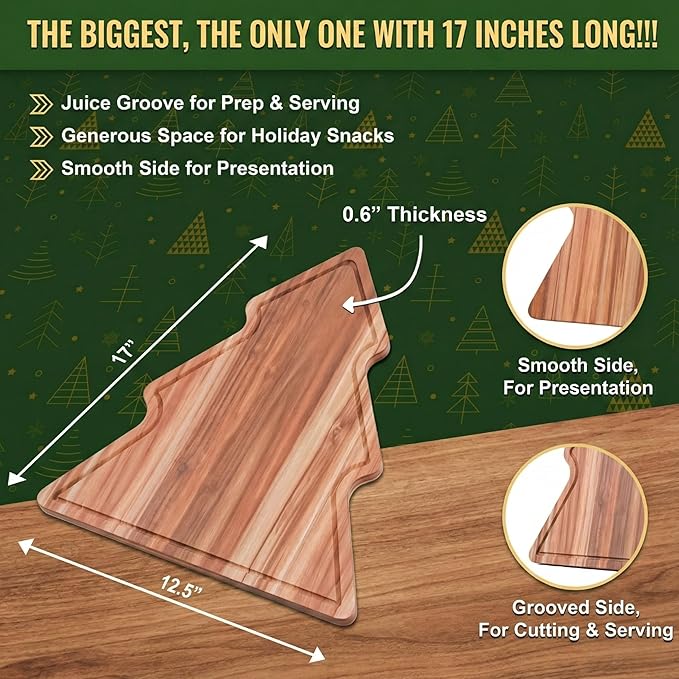 New – 17-Inch Long Large Christmas Tree Charcuterie Board – Acacia Wood Christmas Cutting Board (17x12.5in) Holiday Serving Tray, Winter Cheese Board, Wooden Christmas Platter & Kitchen Decor Gift