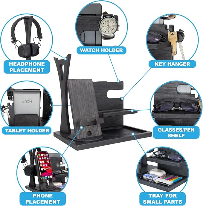 Gift for Men Nightstand Organizer with Headphone Stand & Rotating Phone Stand, Stylish Headphone Holder to Keep Desk Accessories for Men Organized, Unique Dad Birthday Gift, Gifts for Boyfriend