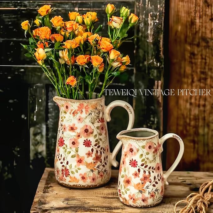 Vintage Colorful Daisy Flora Ceramic Vase with Handle, Retro Ice Glazed Crack Farmhouse Pitcher Vase for Home Decor, Living Room, Shelf, Office, Rustic Table Centerpiece 7 Inch
