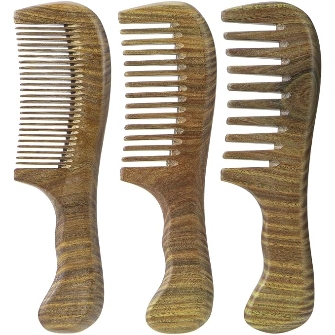 Wooden Hair Comb 3 Pcs, Natural Green Sandalwood Comb for Women and Men, Detangles Wet or Dry Curly, Thin, Thick, Wavy or Straight Hair, Scalp Massager, Anti-static (Medium+ Fine)
