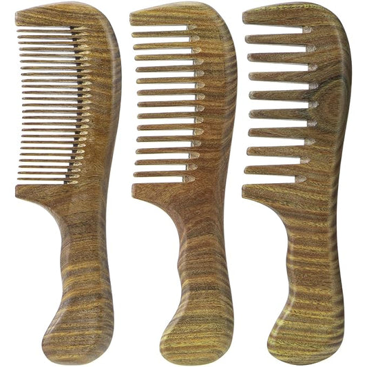 Wooden Hair Comb 3 Pcs, Natural Green Sandalwood Comb for Women and Men, Detangles Wet or Dry Curly, Thin, Thick, Wavy or Straight Hair, Scalp Massager, Anti-static (Medium+ Fine)