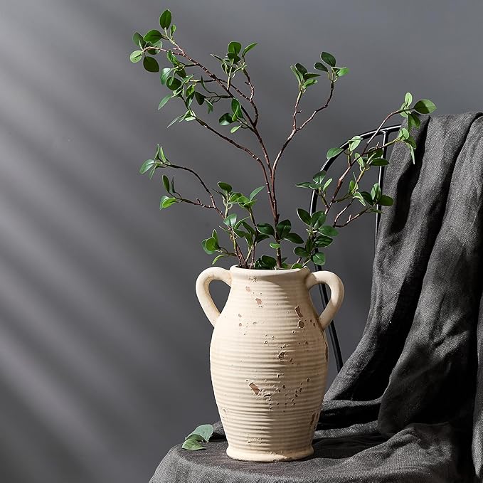 Large Ceramic Rustic Vase with 2 Handles, 9.8 inch Farmhouse Distressed Flower Vase for Home Decor, Living Room, Shelf Decor, Pampas Grass, Enterway, Table Decoration, Gift, White