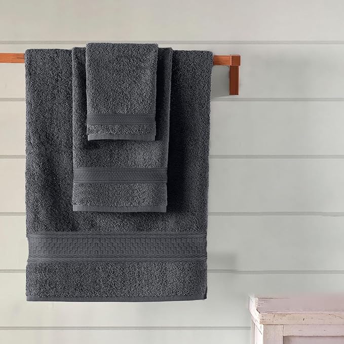 DAN RIVER 100% Ring Spun Cotton 3-Piece Towel Set, Dark Gray, Bath Towel, Hand Towel and Washcloths, 550 GSM - Soft, Absorbent Quick Dry Cotton Towels for Bathroom, Spa, and Gym