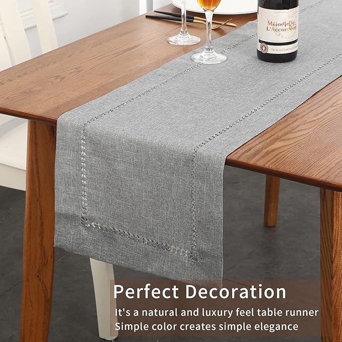 Tosewever Decorative Hemstitch Linen Table Runner Farmhouse Style Tabletop Collection Handcrafted Table Runners for Everyday Dining Wedding Party Holiday Home Decor (14 x 72 Inches, Grey)