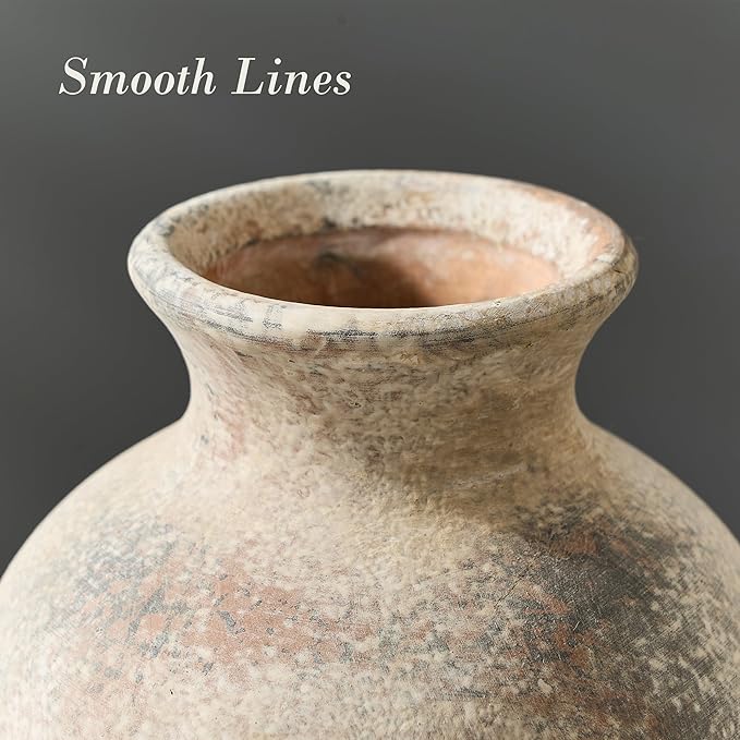 Large Ceramic Rustic Flower Vase, 10.43 Inch Tall Vintage Pottery Home Decor, Antique Farmhouse Terracotta Vase for Living Room, Table, Shelf, Mantel Decoration, Farmhouse - Natural Brown