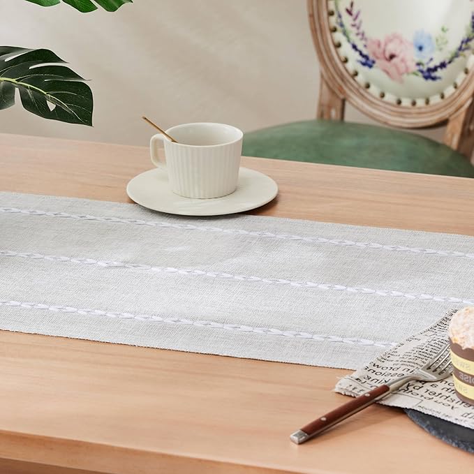Braided Farmhouse Table Runner, Braided Light Grey 13x48 Inch, Cotton Linen Table Runners 48 Inches Long, Embroidered Striped Light Grey Boho Table Runner Rustic Home Decor