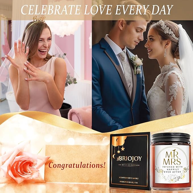 Wedding Gifts for Bride, Groom - Mr and Mrs Candle - Happy Engagement Gift for Her, Bride to Be - Gifts for Bridal Shower, Newlywed, Married Couples Anniversary - Jasmine Scented Soy Candle