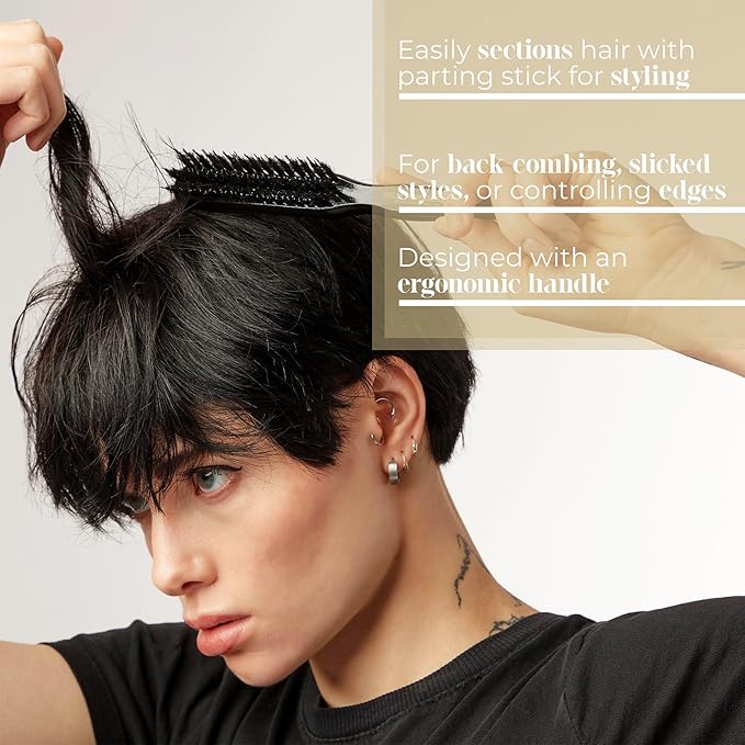 SALLY HERSHBERGER Teasing Brush - Premium, Salon-Tested Teasing, Back-Combing, Slicking, and Edge Control Tool - Dual-Ended With Bristle Brush and Parting Stick - For Thick Through Fine Hair - 1 pc