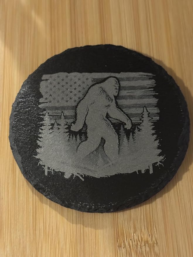 Slate Coasters with Bigfoot American Flag Wilderness Design, Round Stone Coaster Set, 4 Pack