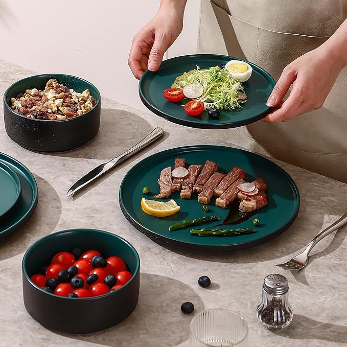 GZG Classic Series - Plates and Bowls Set for 4, 12 Piece Stoneware Dinnerware Sets, Microwave and Dishwasher Safe Lead-Free Handcrafted Ceramic Dishes Set - Malachite Green