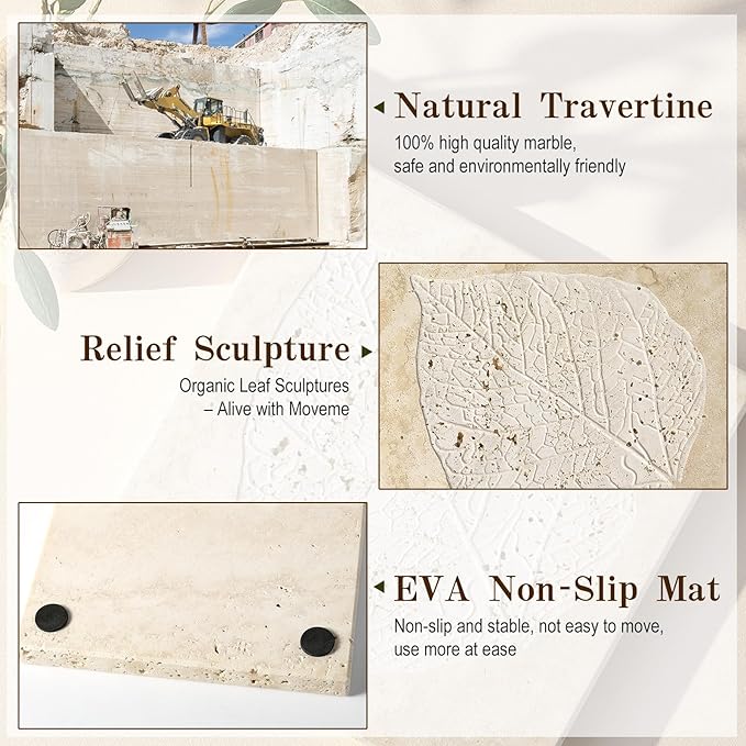 Marble Leaf Embossed Tray, Natural Golden Travertine Vanity Decorative Marble Tray for Bathroom, Jewelry, Kitchen and Desktop, Decorative Stone Pallet for Cosmetics, Perfume and Home Decor