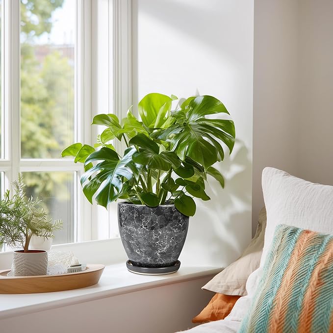 Ceramic Pots for Plants - 6 Inch Ceramic Planter with Drainage Hole and Saucer, Modern Planters for Indoor Outdoor Plants, Round Planter, Home Garden Decor, Plant Lover Gifts, Grey