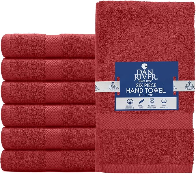 DAN RIVER 6-Pack Premium Hand Towels (16x28 Inches) - 100% Cotton, Ultra Soft, Lightweight, Highly Absorbent Towels for Bathroom, Spa, Gym, Salon, Hotel, and Travel - 550 GSM – Red