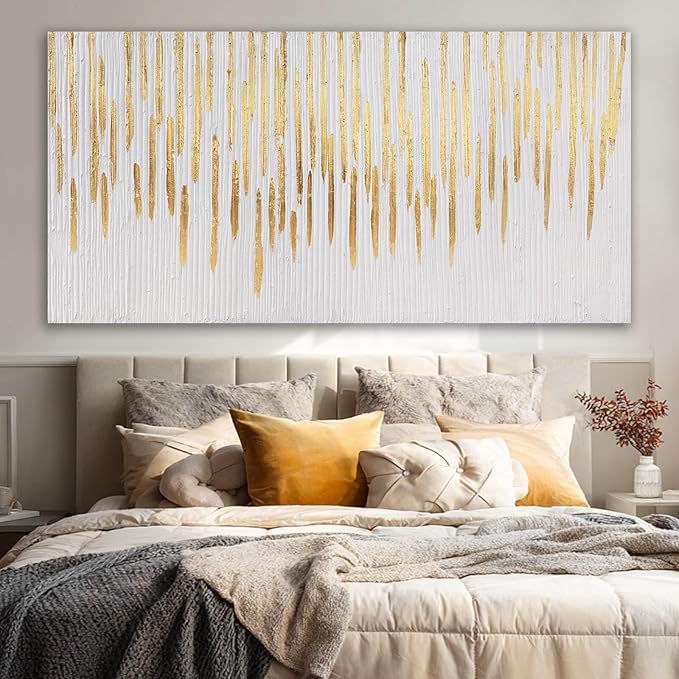 White And Gold Wall Art Abstract Pictures Hand Drawn Paintings Framed Canvas Arts 29"x58" for Living Room Office