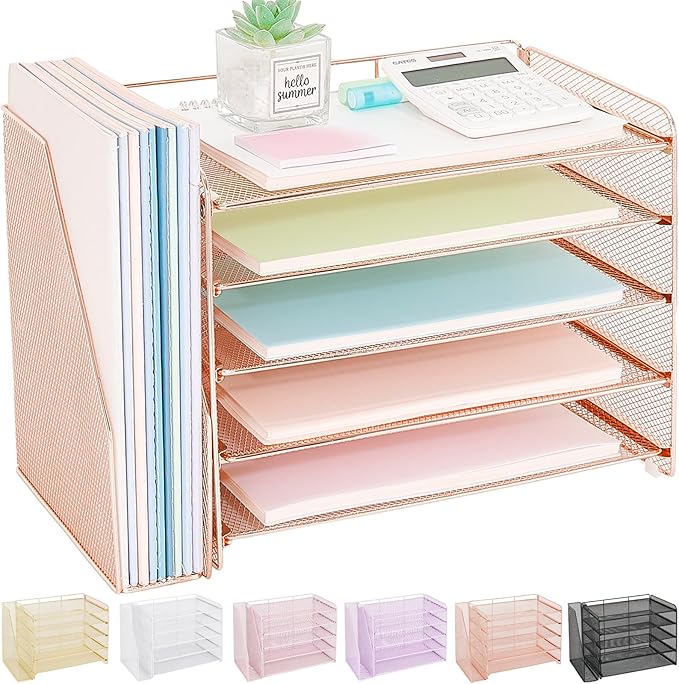 OPNICE 5-Tier Paper Organizer with Magazine Holder, Desk Organizers and Accessories, Office Desk Accessories & Workspace Organizers, Desktop File Organizer for Office Supplies Storage, Rose Gold