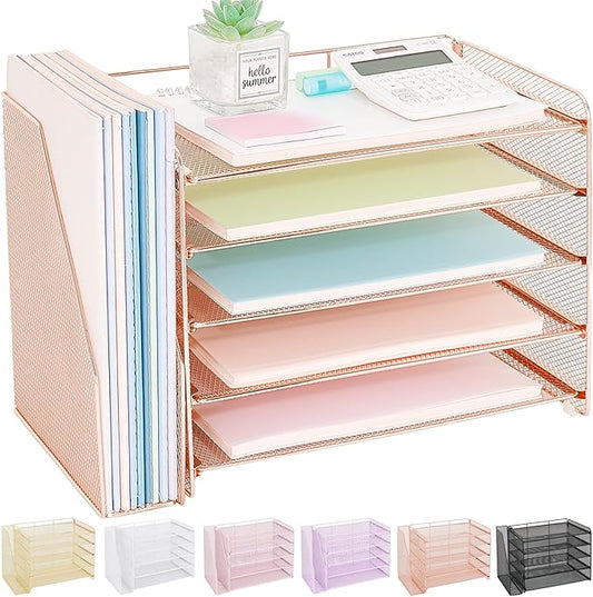 OPNICE 5-Tier Paper Organizer with Magazine Holder, Desk Organizers and Accessories, Office Desk Accessories & Workspace Organizers, Desktop File Organizer for Office Supplies Storage, Rose Gold