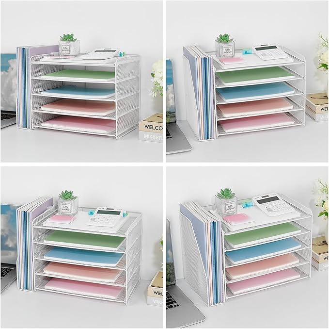 OPNICE 5-Tier Paper Organizer with Magazine Holder, Desk Organizers and Accessories, Office Desk Accessories & Workspace Organizers, Desktop File Organizer for Office Supplies Storage, White