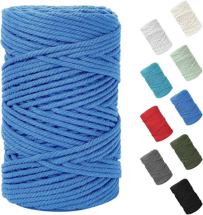 Macrame Cord 5mm x 109Yards (328Feet), Natural Cotton Macrame Rope - 4 Strands Twisted Macrame Cotton Cord for Wall Hanging, Plant Hangers, Crafts, Gift Wrapping and Wedding Decorations, Lake Blue