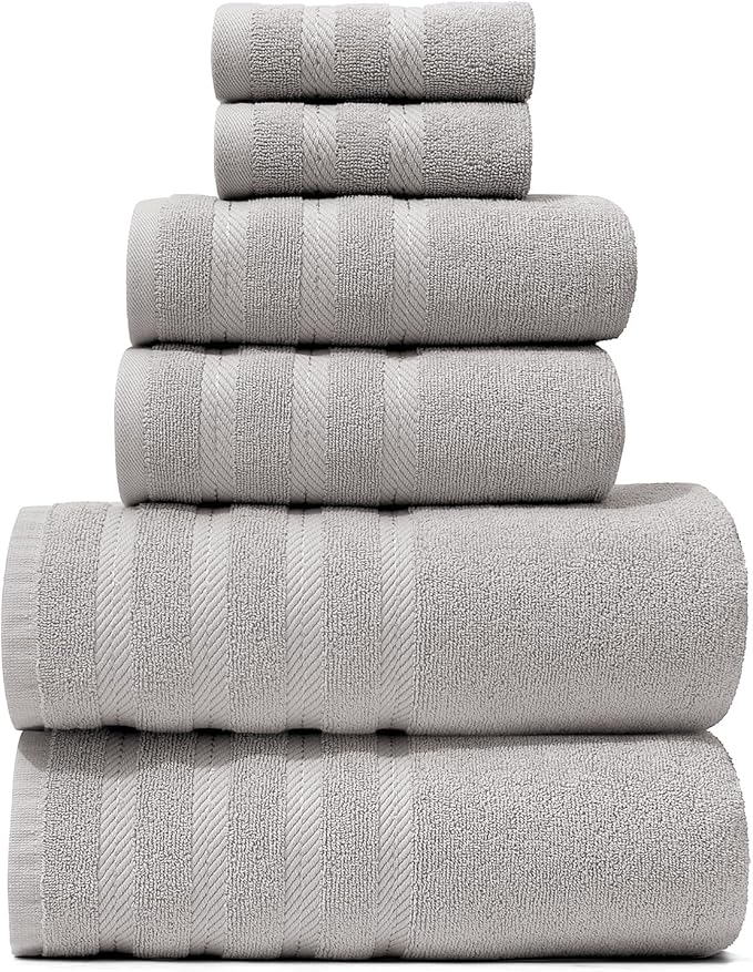 Hearth & Harbor Bath Towels for Bathroom - 100% Ring Spun Cotton Luxury Bathroom Towels - Soft & Highly Absorbent Bath Towels Set, 6 Piece Set, Light Gray