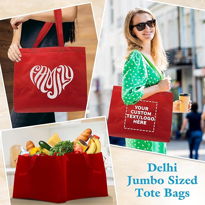 DISCOUNT PROMOS Jumbo Sized Tote Bags Set of 10, Bulk Pack - Reusable Grocery Bags, Shopping Bags, Promotional Item Totes for Women - Red