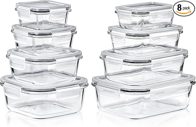 Sorbus 16pc Glass Meal Prep Containers Set – 4 Square and 4 Round Food Storage Containers with Airtight Lids – Freezer, Dishwasher, Oven Safe – Reusable Glass Containers for Meal Prep and Storage