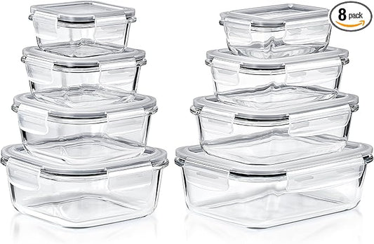 Sorbus 16pc Glass Meal Prep Containers Set – 4 Square and 4 Round Food Storage Containers with Airtight Lids – Freezer, Dishwasher, Oven Safe – Reusable Glass Containers for Meal Prep and Storage