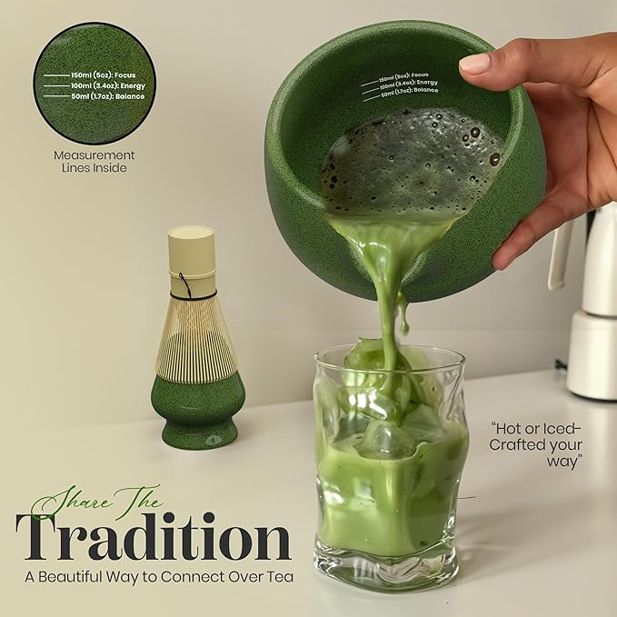 NEXTLUXE Matcha Whisk Set – Traditional Bamboo Chasen with Ceramic Bowl, Matcha Bowl and Whisk Kit - Measurement Lines, Spoon & Lid – Green
