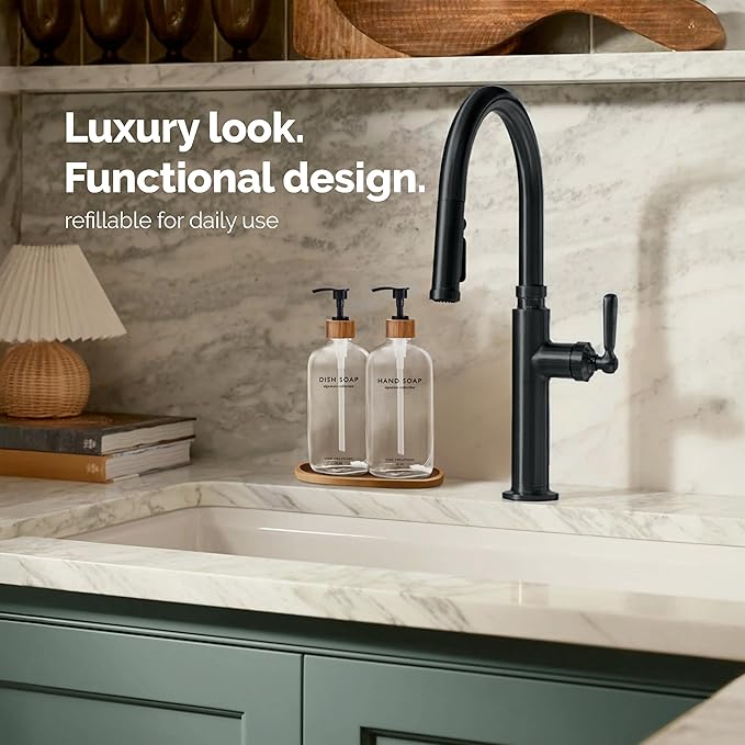 Vine Creations Clear Glass Soap Dispenser Set, Hand Soap and Dish Soap Dispenser Set with Bamboo Tray, 16 oz Glass Dispensers Bottle for Kitchen and Bathroom Decor Modern Boho with Bamboo Pump (Clear)