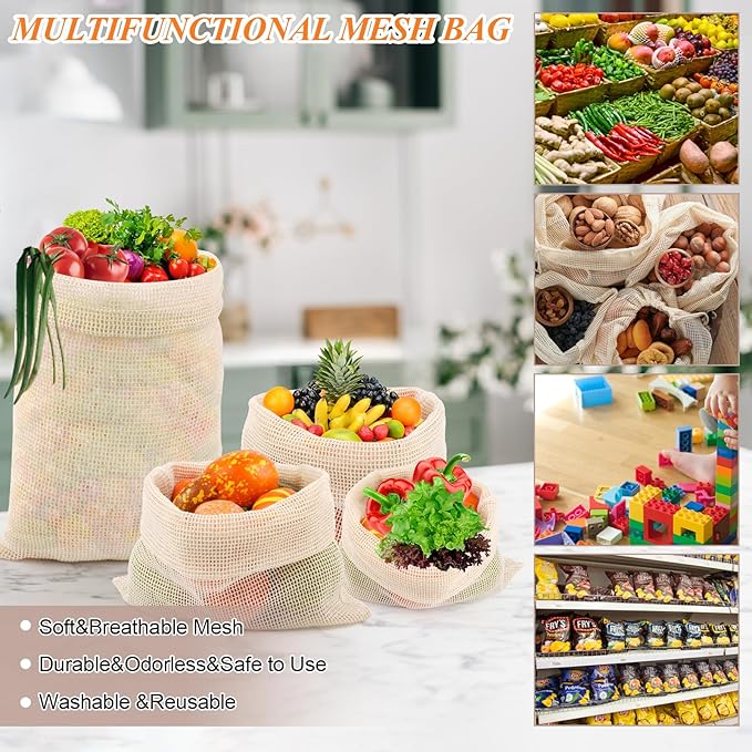 PEASUG 8 Pack Reusable Produce Bags Grocery Washable, Cotton Mesh Vegetable Bags for Refrigerator Grocery Fruits and Veggies Shopping, Transporting Storing (2XL,2L,2M,2S)