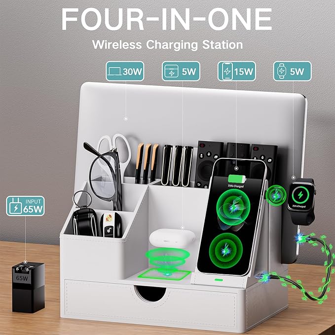 Sleek White PU Leather Charging Station with Drawer - 6-in-1 Multi-Device Desktop Organizer Docking Hub for iPad, Tablet, Laptop, Phone, Watch, Office Home Gift Idea