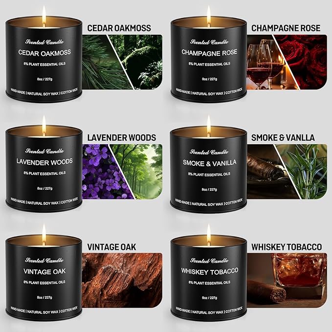 Scented Candles Gift Set for Men | 6 Pack Soy Wax Candles with Matte Black Tins | Men‘s Aromatherapy Candles for Home, Work,Party | Men Jar Candle Set Gifts for Father's Day and Christmas
