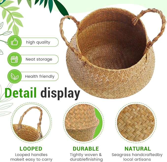 1 Pack Large Wicker Plant Basket with Handle 10 Inch Woven Seagrass Belly Basket and Artificial Moss for Plants Picnic Grocery Laundry House Storage Home Decor (Large)